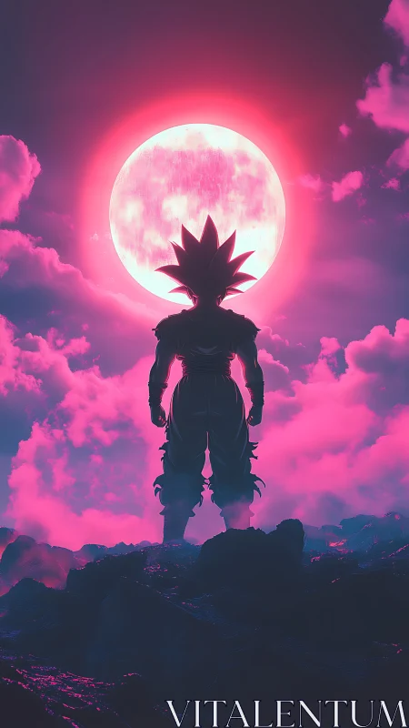 Silhouetted figure stands before large luminous pink moon