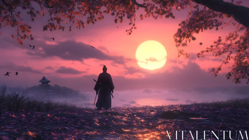 Samurai silhouette by riverside under large setting sun.
