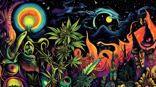 Psychedelic night garden under twin cosmic moonscape.