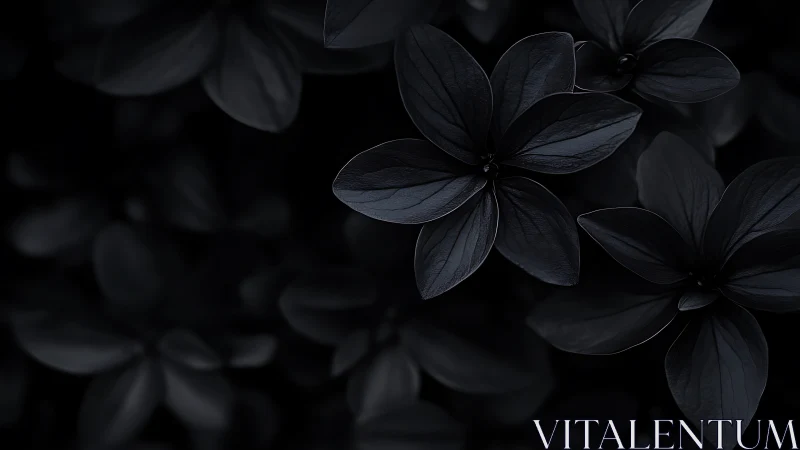 Dark monochrome floral leaves form clustered radial shapes