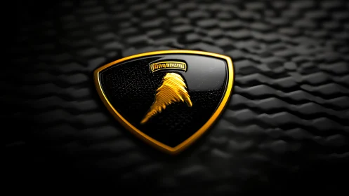 Photorealistic black crest emblem on textured dark surface.