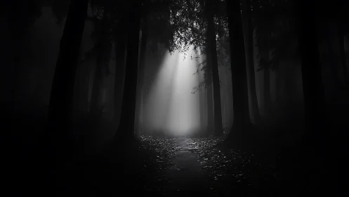 Forest pathway with directional light beam penetrating dense canopy structure