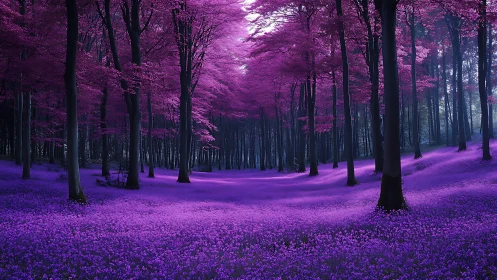 Enchanted Purple Forest Path Through Blooming Woodland