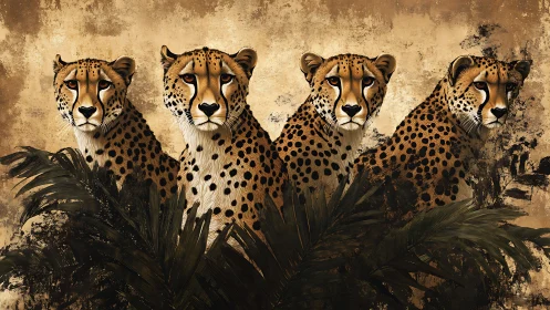 Quaternary Cheetah Pride Study: Spotted Felid Quartet with Tonal Distressed Backdrop