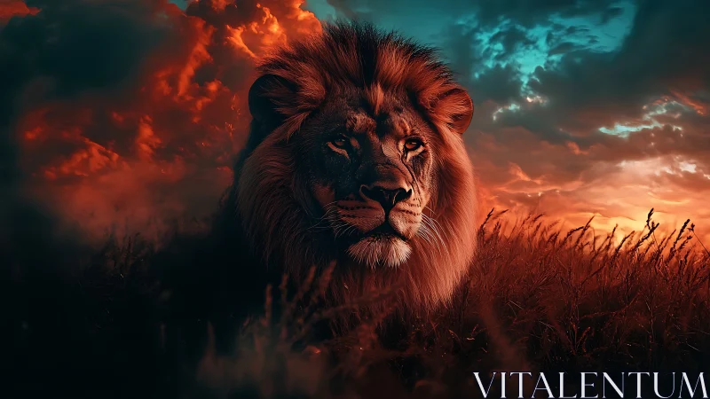 Majestic lion rests beneath blazing, storm-lit sunset sky.