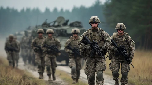 Soldiers walk in formation ahead of armored vehicles in field