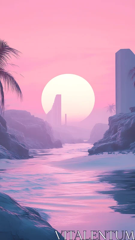 Neon sun descends over surreal pink river canyon dream