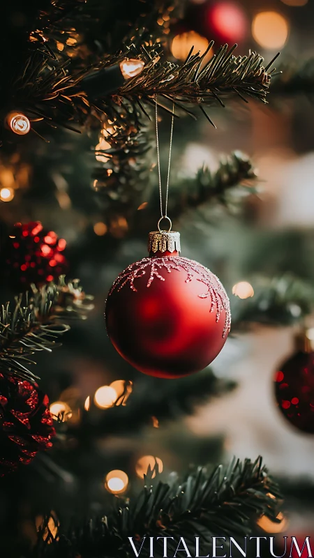 Scarlet Christmas bauble glows amid evergreen twinkle lights.