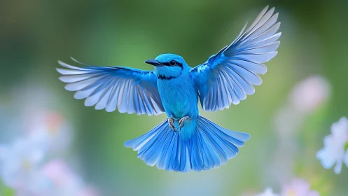 Vivid blue songbird in flight with soft focus nature background.
