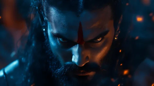 Intense warrior gaze glowing through embers and shadow.