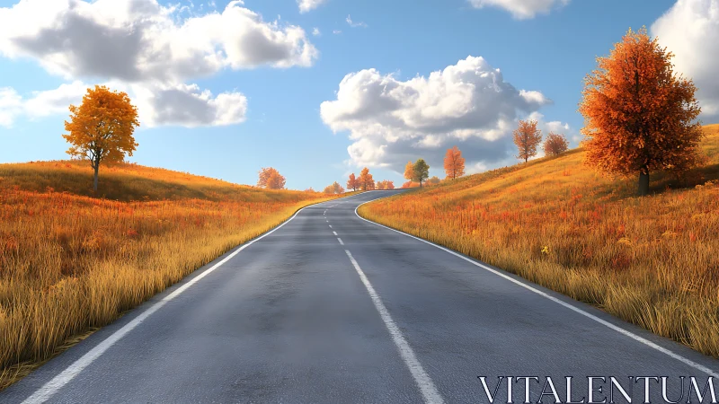 Curving rural road through open autumn fields under clouds.