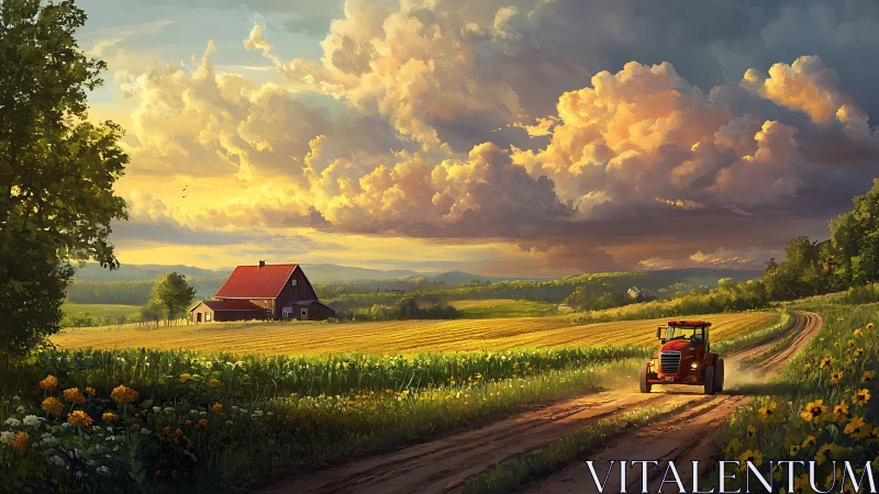 Golden farm road at sunset with a bright red tractor.