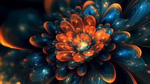 Digital fractal bloom forms layered orange and blue petals