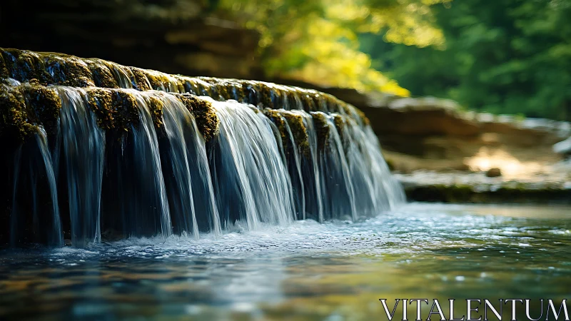 Tiered forest waterfall over rocks in soft daylight.