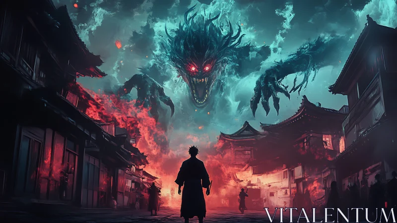 Spectral kaiju convergence above burning neo‑Edo streetscape.