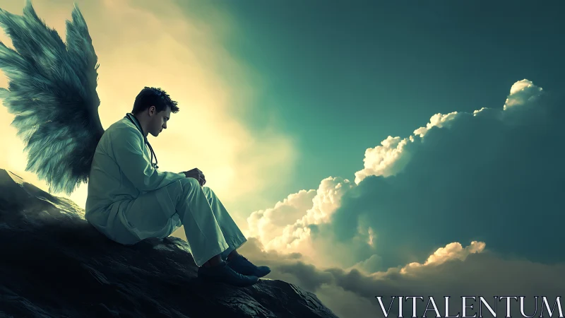 Winged healer rests on the cliff edge between storms