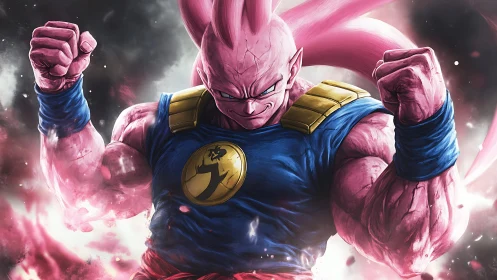 Hyper-detailed pink warrior charging energy in battle stance