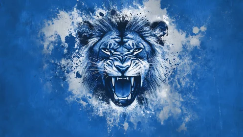 Roaring lion head in blue splatter digital artwork.