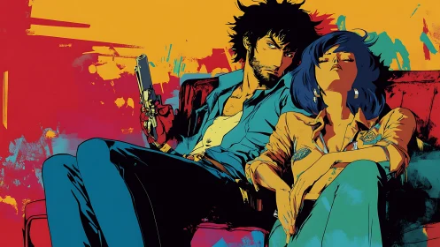 Two seated figures with handgun on saturated abstract couch