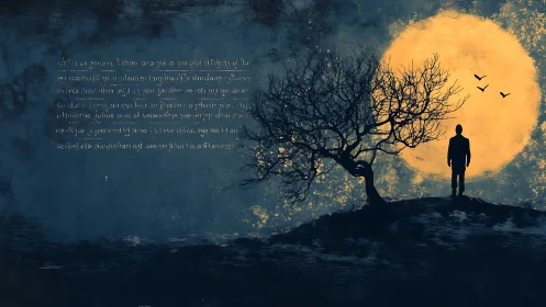 Silhouetted figure observes full moon behind stark winter tree