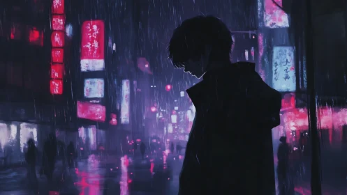 Silhouetted figure stands in rainy neon-lit urban street