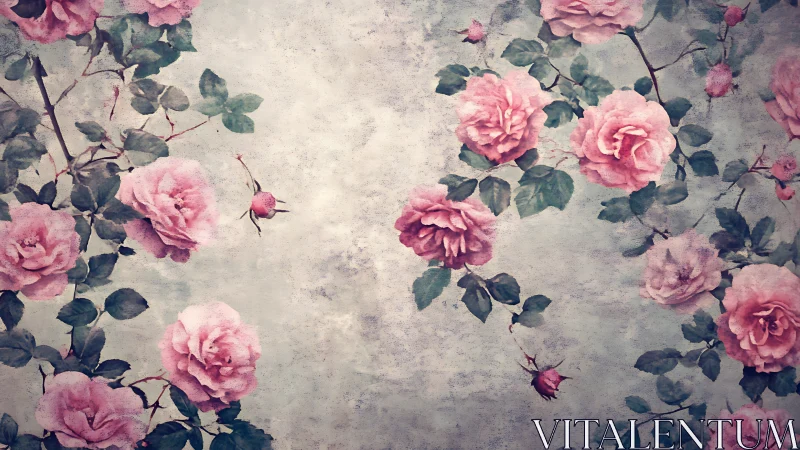 Vintage rose wall pattern shows faded pastel blossoms and textured wash
