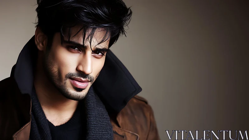 Portrait shows a man in brown jacket against neutral backdrop