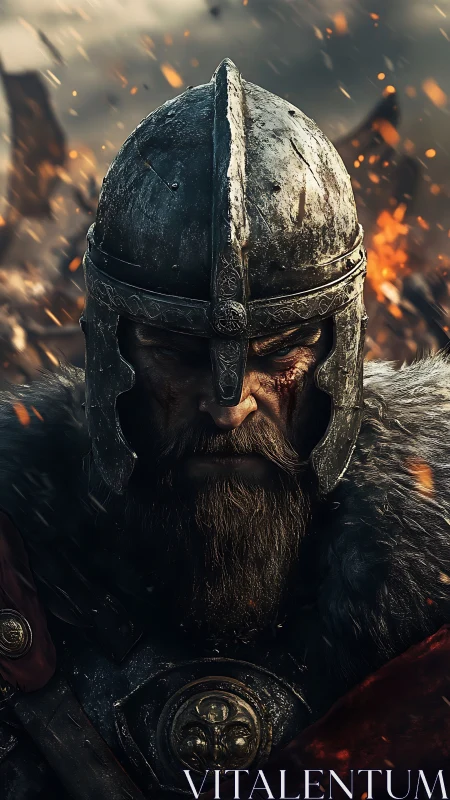 Armored bearded warrior stands amid sparks in close frontal view