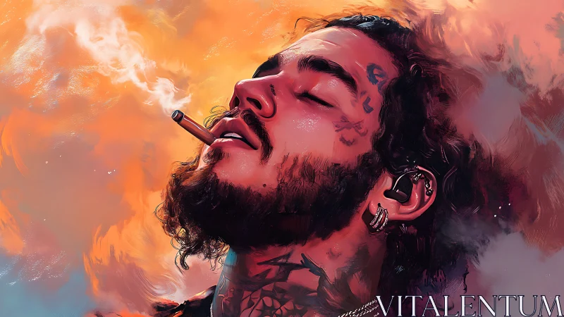 Vibrant portrait of tattooed smoker in glowing clouds.