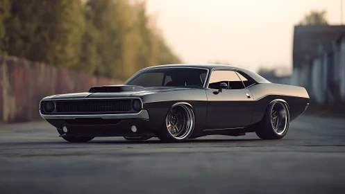 Low-angle view shows modified classic coupe on empty roadway