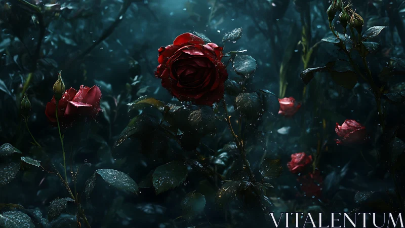 Crimson Roses in Rain: Dark Botanical Study with Dramatic Chiaroscuro.