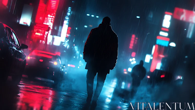 Backlit silhouette crosses neon rain street with cinematic depth