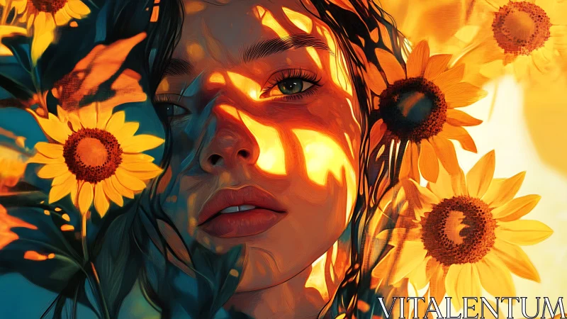 Sunlit female portrait framed by vivid blooming sunflowers.