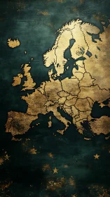 Textured gold political map of Europe on dark teal field.