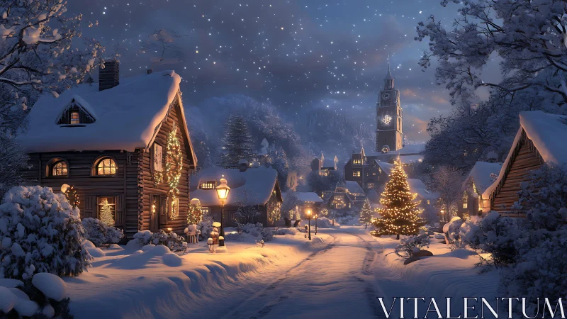 Snow-covered village street under starlit Christmas sky.