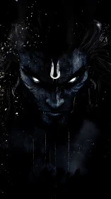 Mythic blue deity portrait in high-contrast digital chiaroscuro.