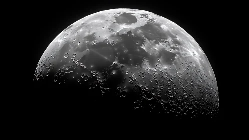 Lunar near side in partial phase with cratered topography.