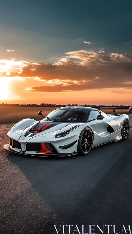 Sunset-scorched asphalt bows to a poised white hypercar