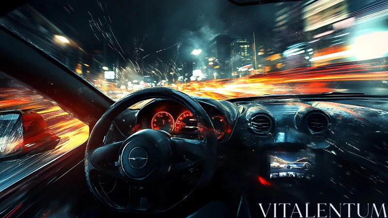 Night city cockpit captures neon speed trails in storm