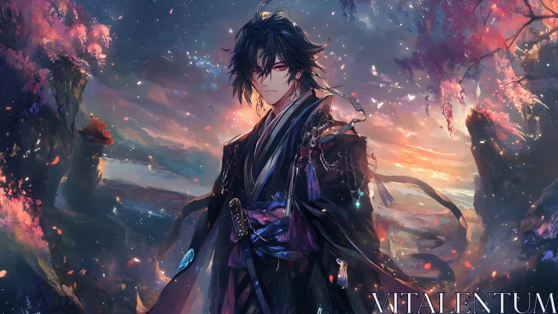 Storm-eyed wandering swordsman beneath ember-blossom skies.