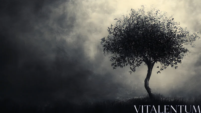 Solitary duskbound tree breathing light from looming mist.