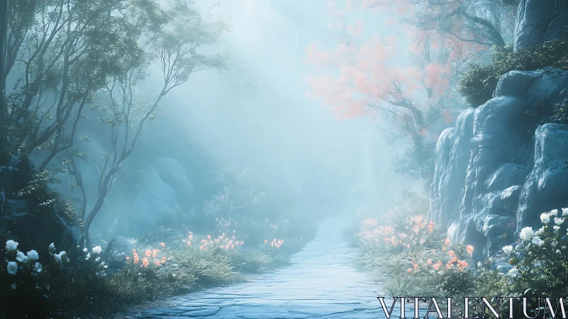 Ethereal forest path with mist-lit flora and stone escarpments.