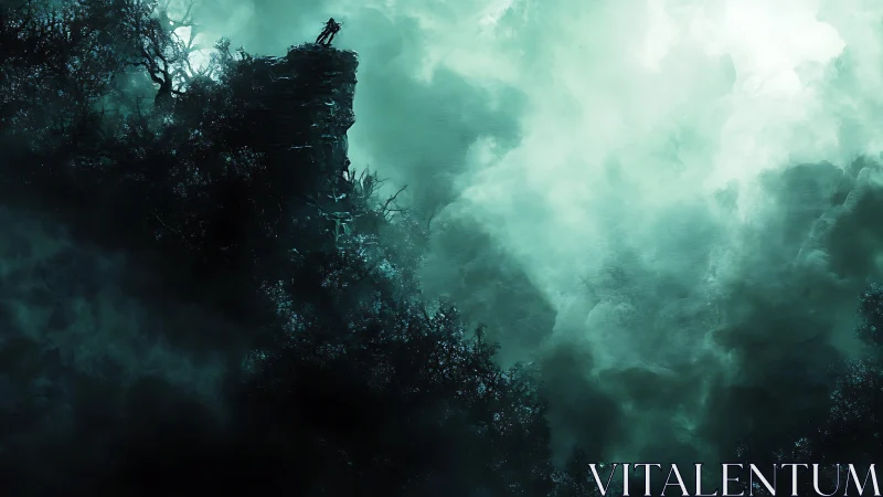 Lone cliff watcher sipping moonlight from storm-thick clouds.