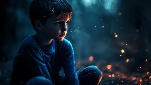 Pensive child sits in glowing blue dusk with drifting embers.