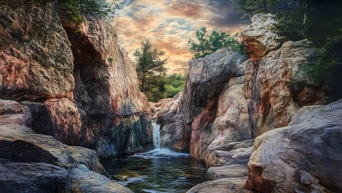 Sunlit canyon waterfall beneath dramatic evening clouds.