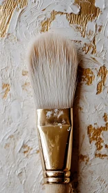 Golden paintbrush rests against rich textured canvas