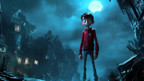 Animated boy in rainy moonlit alley with ruined buildings.