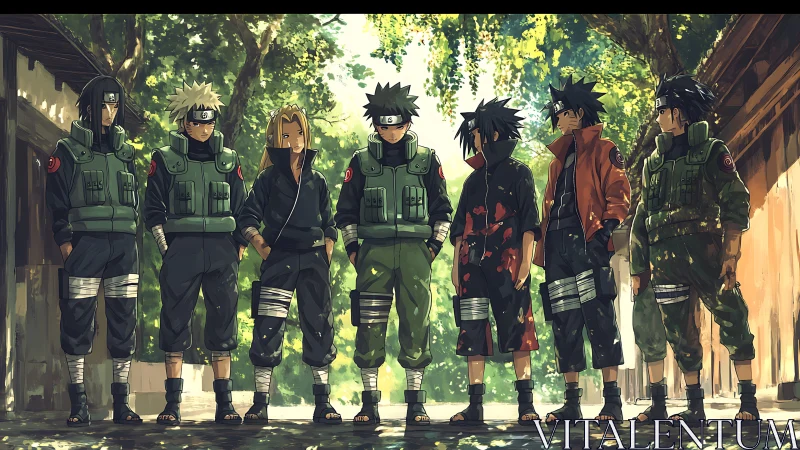 Group of anime ninjas standing in shaded village walkway.