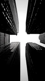 Urban high-rise towers frame a vertical view of overcast sky