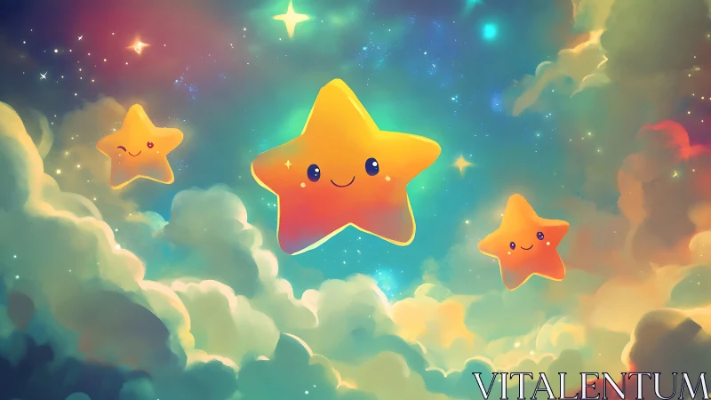 Whimsical kawaii star trio in luminous celestial cloudscape.